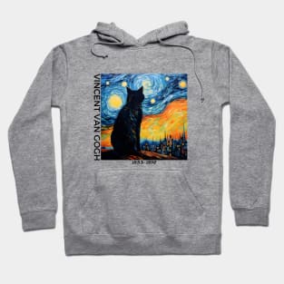 Vincent Van Gogh Artstyle, classic vincent van gogh painting, cat and starry night painting, oil painting, black cat, funny cat Hoodie